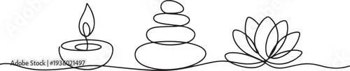 One continuous line drawing of wellness and spa treatment. Candle stones and lotus flower for zen and balance concept in simple linear style. one line Icon drawing