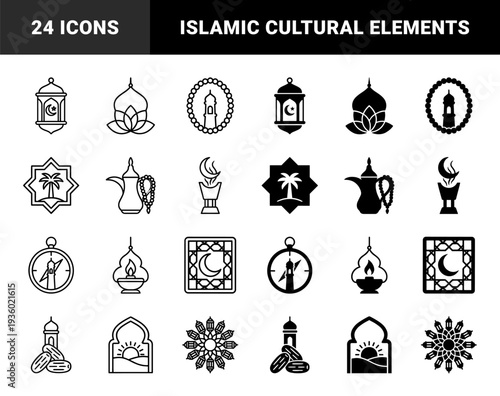 Islamic heritage symbols featuring hybrid designs of crescent moons with lanterns coffee pots dates and architectural mosque outlines in dual linear and solid styles