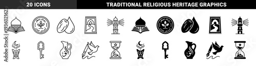 Islamic Cultural Hybrid Icons Featuring Mosque Book Fusion Ramadan Dates Prayer Mat Design and Crescent Hourglass Symbols in Outline and Solid Styles
