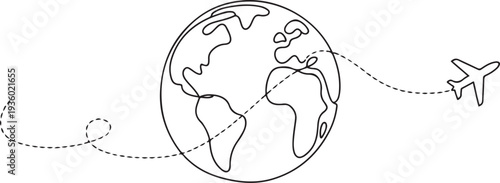One continuous line drawing of Earth globe with airplane. Flight route path on world map in simple linear style. one line Icon drawing