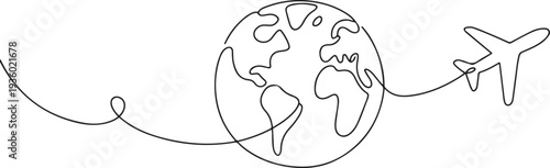 One continuous line drawing of Earth globe with airplane. Flight route path on world map in simple linear style. one line Icon drawing