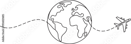 One continuous line drawing of Earth globe with airplane. Flight route path on world map in simple linear style. one line Icon drawing