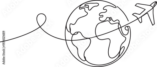 One continuous line drawing of Earth globe with airplane. Flight route path on world map in simple linear style. one line Icon drawing