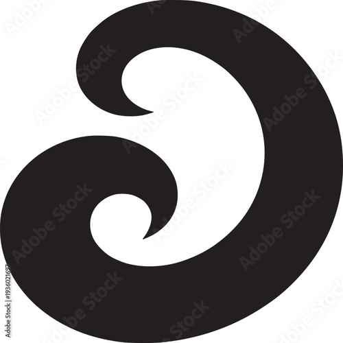 Abstract black and white design featuring a spiral or wave like shape with a smaller curl inside it