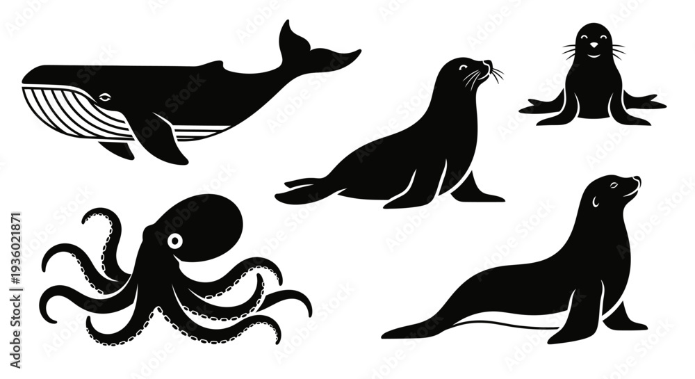 Obraz premium Marine Animals Silhouettes Set: Whale, Octopus, Seals Vector Icons