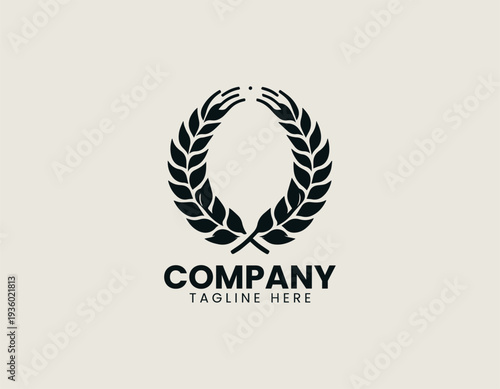 Symmetrical wheat wreath with crossed stems is presented as clean monochrome vector logo on white background for agricultural and organic branding use