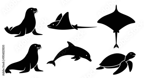 Marine Animals Silhouettes Set: Seal, Dolphin, Manta Ray, and Sea Turtle Icons