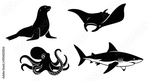 Marine Animals Silhouettes Set: Seal, Manta Ray, Octopus, and Shark Icons