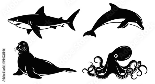 Marine Animals Silhouettes Set: Shark, Dolphin, Seal, and Octopus Icons Collection