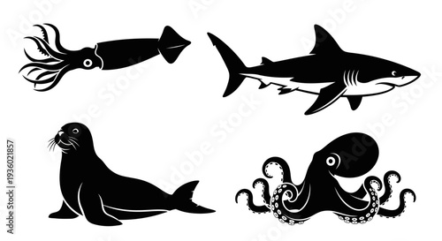 Marine Animals Silhouettes Set: Squid, Shark, Seal, and Octopus Icons