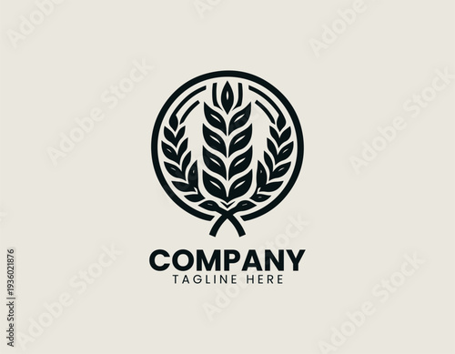 Symmetrical wheat wreath with crossed stems is presented as clean monochrome vector logo on white background for agricultural and organic branding use