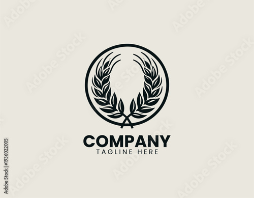 Symmetrical wheat wreath with crossed stems is presented as clean monochrome vector logo on white background for agricultural and organic branding use