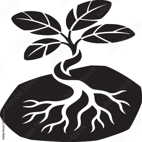 A stylized black and white illustration of a small tree growing from a dark rock formation art