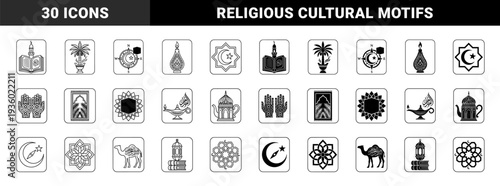 Islamic cultural symbol collection featuring hybrid religious motifs like quran mosque silhouettes kaaba star patterns and ramadan lanterns in dual outline and solid styles