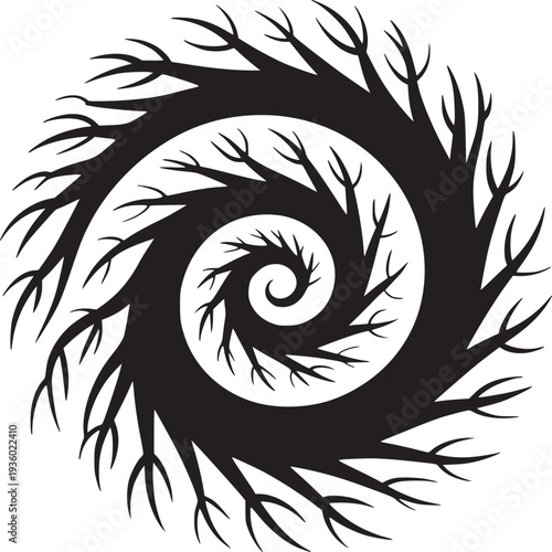 Black and white spiral design with tree branch like extensions creating a vortex appearance art