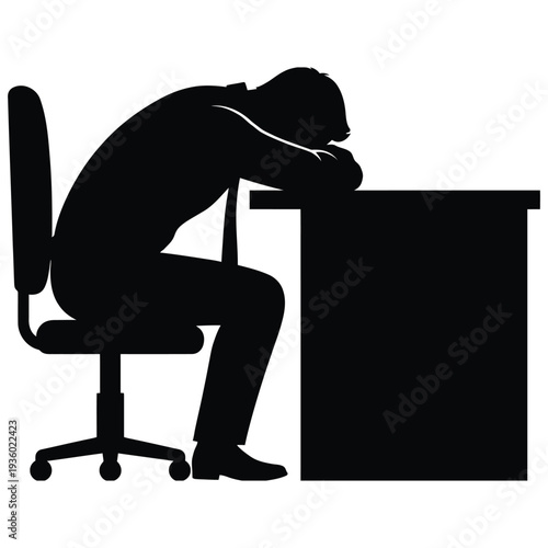 Man Sleeping on Table Desk Icon Vector — Tired Worker Head Down Resting Black Isolated Clipart 