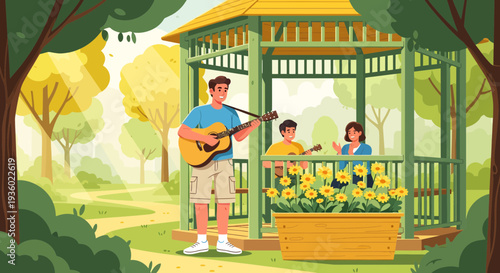 Man playing guitar with children in gazebo.