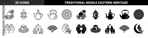 Islamic heritage symbol collection featuring hybrid motifs with crescent moon lanterns mosque architecture and falcon imagery in dual outline and solid styles