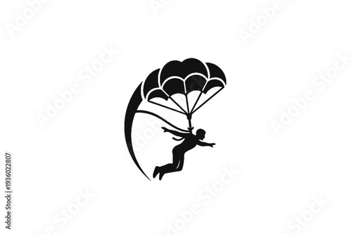 Skydiving Silhouette: A dynamic black and white illustration depicts the thrilling moment of a skydiver in freefall beneath a billowing parachute. The image captures the essence of adventure, freedom.