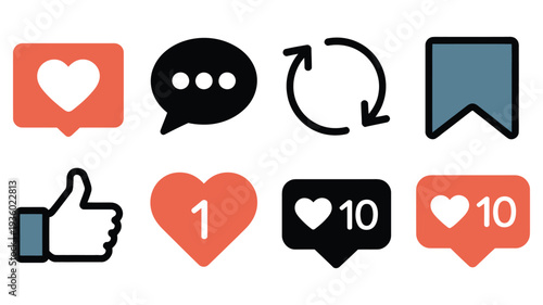 Colorful Social Media Icons Collection Featuring Like Comment Share and Save Interaction Buttons for Digital Engagement Marketing Applications Websites and Online Community Platforms