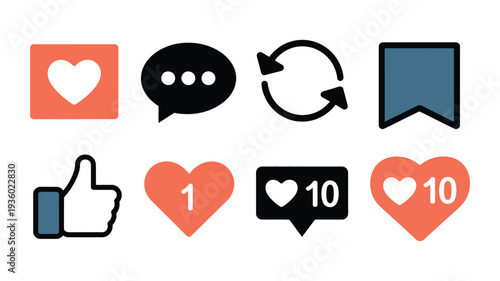 Colorful Social Media Icons Collection Featuring Like Comment Share and Save Interaction Buttons for Digital Engagement Marketing Applications Websites and Online Community Platforms