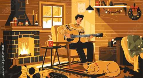 Man playing guitar with dog in cozy room.