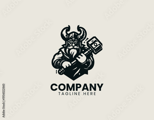Cartoon dwarf warrior with horned helmet and hammer is presented as bold monochrome vector logo on clean white background for gaming and mascot branding use