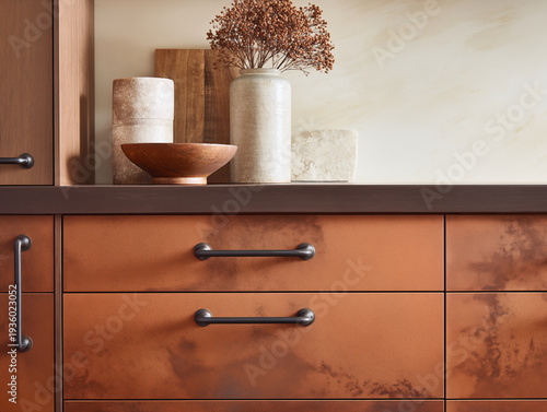 Modern kitchen interior with orange cabinets and decorative vases on countertop viewed from the front