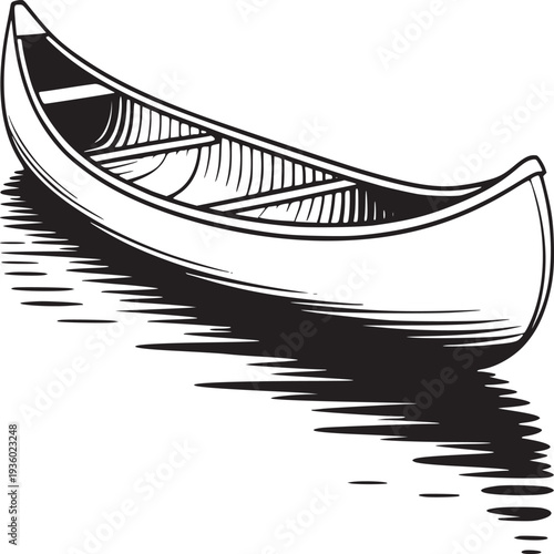 A black and white vector illustration of a canoe floating on water with visible reflections below it