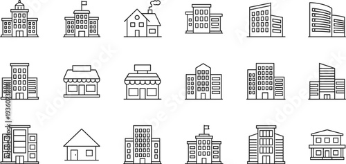 Building and architecture icons set, city buildings, house, shop, office, apartment, urban real estate line vector illustration