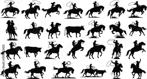 Cowboy silhouette collection vector set, western rodeo rider on horse with lasso, ranch cattle herding black isolated clipart illustration