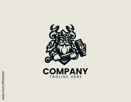 Cartoon dwarf warrior with horned helmet and hammer is presented as bold monochrome vector logo on clean white background for gaming and mascot branding use