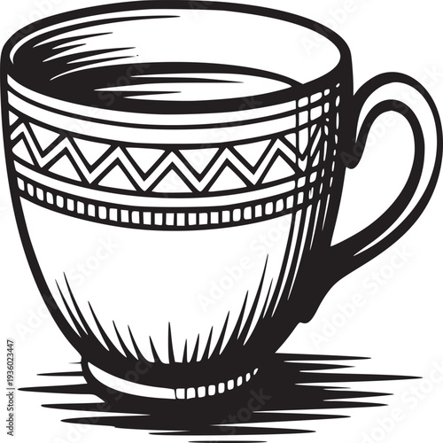 A monochrome illustration of a teacup with a decorative band and a small handle on a white backdrop
