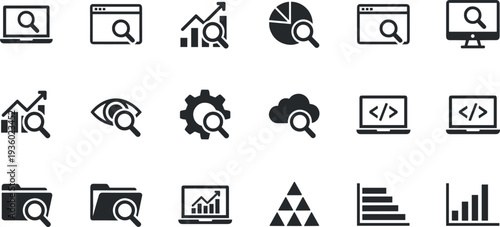 Data analysis and search icons set, analytics dashboard, magnifying glass, charts, coding, cloud search vector illustration