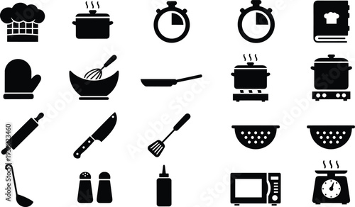 Cooking and kitchen utensil icons set, chef tools, cookware, baking equipment, kitchen appliances silhouette vector collection