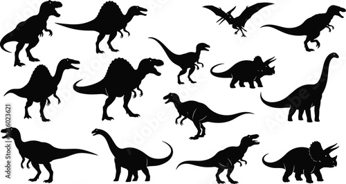 Dinosaur silhouette collection vector set, prehistoric jurassic reptiles illustration, T rex triceratops pterodactyl black isolated clipart on white background