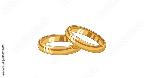 Two gleaming golden wedding bands are delicately placed in a slightly overlapping arrangement against a pristine white background.