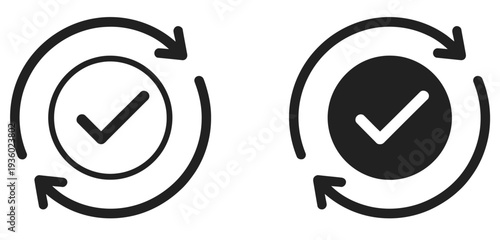 Update transaction icon set with rotating check mark tick symbol, automatic payment graphic illustration, sync verification spin cycle, and digital finance process