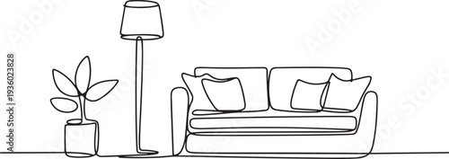 Continuous one line drawing of Sofa with lamp lampshade and home plant. Modern and furniture in simple Linear style. one line Icon drawing