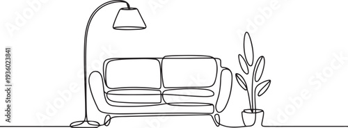 Continuous one line drawing of Sofa with lamp lampshade and home plant. Modern and furniture in simple Linear style. one line Icon drawing