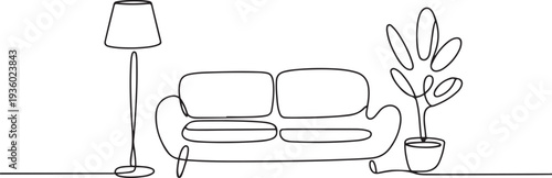 Continuous one line drawing of Sofa with lamp lampshade and home plant. Modern and furniture in simple Linear style. one line Icon drawing