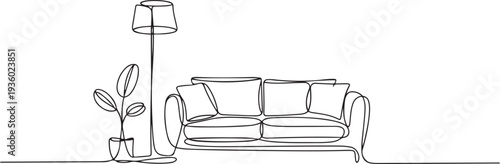 Continuous one line drawing of Sofa with lamp lampshade and home plant. Modern and furniture in simple Linear style. one line Icon drawing