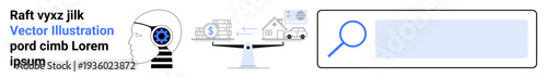 Artificial intelligence, financial technology, data analysis, machine learning, decision-making, technology balance. Human head with gear, scales balancing money and house search bar. AI