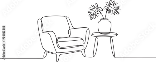 Continuous one line drawing of armchair and table with vase with plant. Scandinavian stylish furniture in simple Linear style. one line Icon drawing