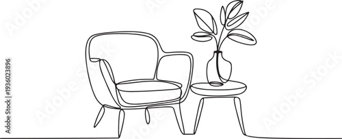 Continuous one line drawing of armchair and table with vase with plant. Scandinavian stylish furniture in simple Linear style. one line Icon drawing