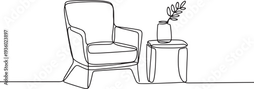 Continuous one line drawing of armchair and table with vase with plant. Scandinavian stylish furniture in simple Linear style. one line Icon drawing