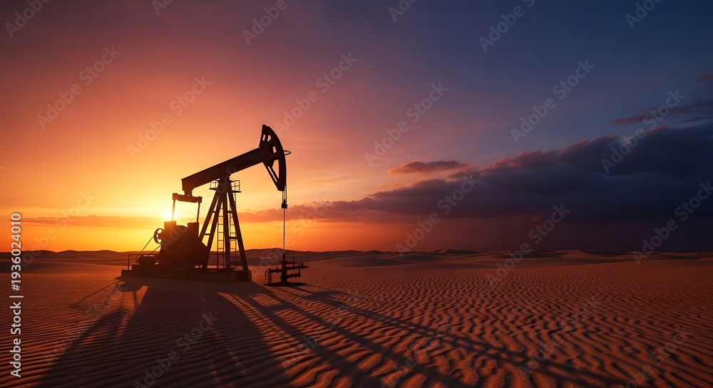 Naklejka premium Oil Industry Pumpjack Silhouette At Sunset In Desert Energy Production Concept