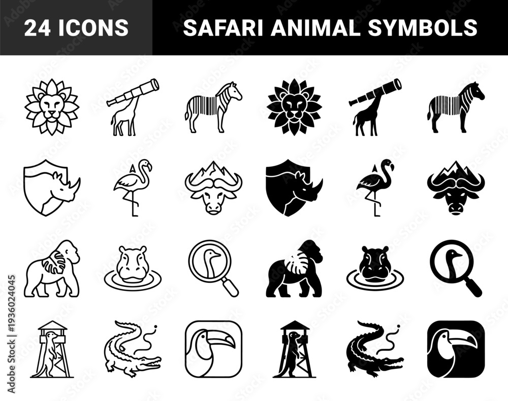 Obraz premium Wild animal hybrid symbols merging safari fauna with observation tools and geometric shapes in linear and solid styles for conservation branding