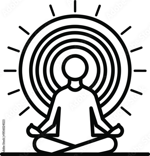Person meditating in lotus position with sunburst behind