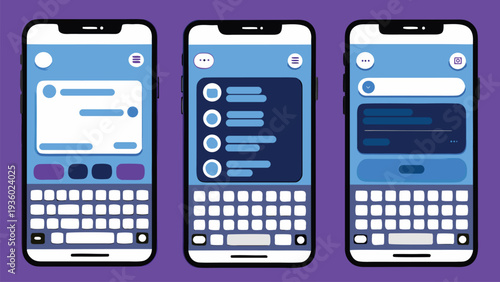 iMessages dual chat interface mockup with bubble conversations keyboard, modern unified messaging layout, messaging experience vector illustration, Mobile Messaging App UI with Smartphone Screens